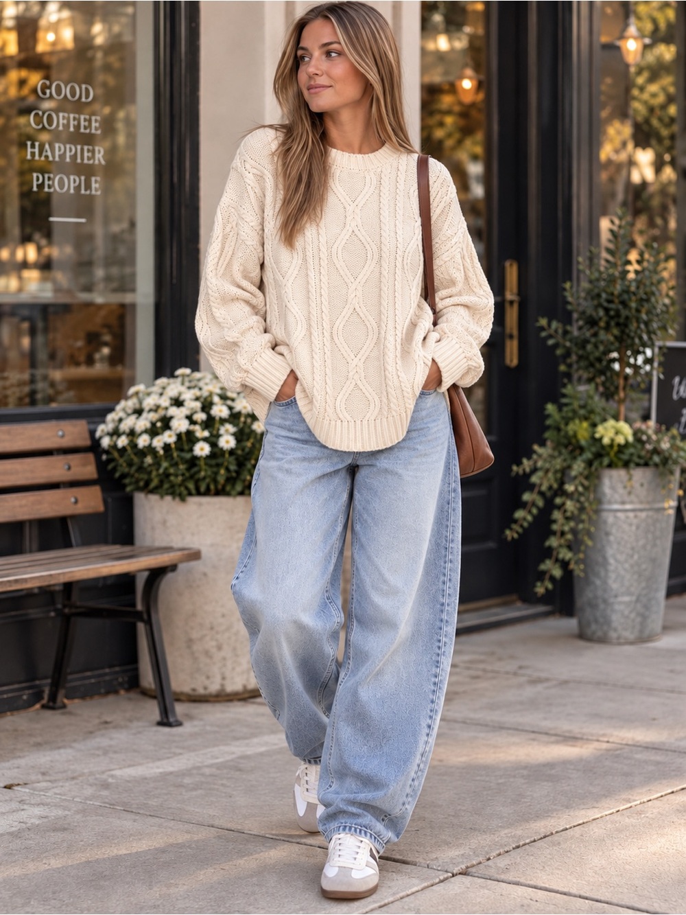 Trendy Queen Cable Knit Sweater Women’s Large Ivory Cream Cotton Mix